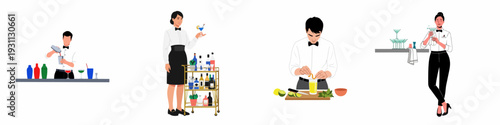 Diverse Bartenders Crafting and Serving Cocktails: A Collection of Mixology Scenes Showcasing Drink Preparation, Bar Service, and Professional Hospitality.