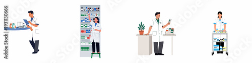 Modern pharmacy staff managing prescriptions, inventory, and dispensing drugs with care and precision in various roles.