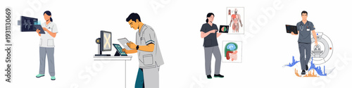 Healthcare professionals utilizing digital technology for diagnostics and patient care, including vital signs, X-rays, anatomical studies, and MRI scans.