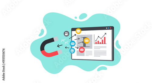 Magnet attracting business leads and data analytics on screen.
