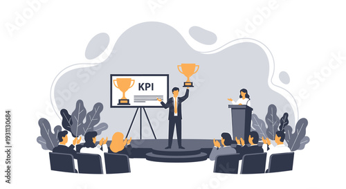 Man holding trophy on stage with KPI presentation.