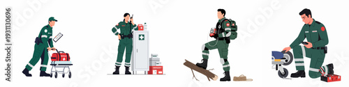 Emergency Services Personnel Collection: First Responders, Paramedics, and Rescue Workers with Medical Equipment and Tools in Various Situations