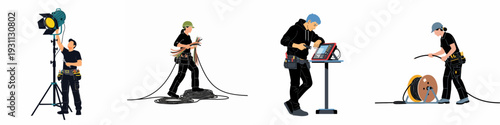 Skilled technicians and electricians managing cables, setting up lighting, and operating diagnostic equipment in various professional work environments.