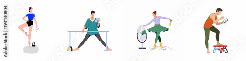 Illustrations of diverse individuals practicing ballet, fitness, and creative arts, showcasing dedication and self-improvement in modern flat design.