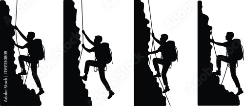 Motivational rock climbing vector illustration, man climbing mountain cliff using rope, courage, perseverance, determination, outdoor adventure, success, and achievement concept silhouette design