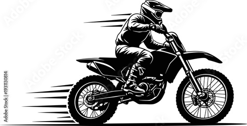 Motocross rider silhouette vector illustration of dirt bike racing action, extreme offroad motorcycle sport speed motion isolated white background design graphic icon