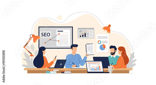 Team meeting discussing SEO strategy and data analysis.