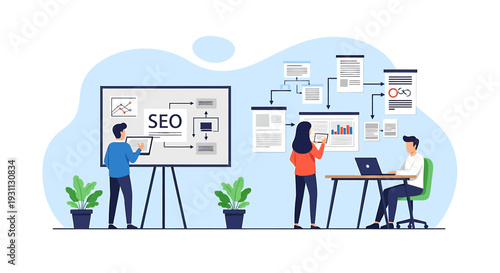 Team working on SEO strategy presentation with charts and diagrams.