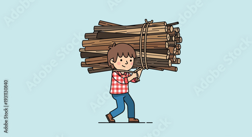 Young Boy Carrying Large Bundle Firewood.