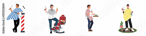 Professional barbers and hairstylists with tools, ready to provide hair cutting and shaving services in a modern barbershop. Flat vector illustration.