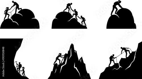 Mountain climber and hiker silhouettes set, teamwork climbing icons, people reaching summit together, outdoor adventure and mountaineering competition conceptual design elements, black.