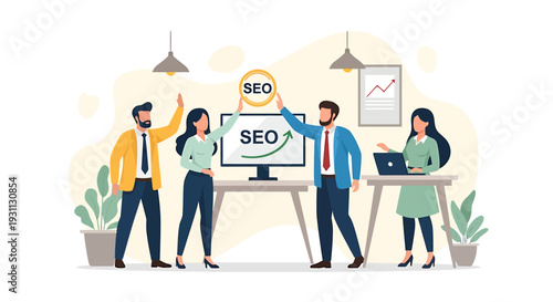 Team working on search engine optimization strategy.