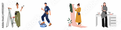 Collection of diverse makeup artists and beauty professionals at work, showcasing their tools and expertise in a modern flat illustration.