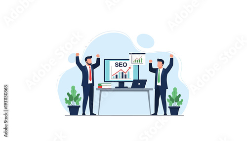 Two businessmen celebrate successful SEO strategy with charts on screen.