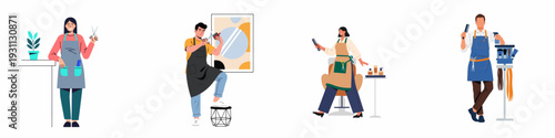 Diverse professional hairstylists, barbers, and beauticians with essential tools, representing various roles in the salon and grooming industry, in a modern flat illustration style.