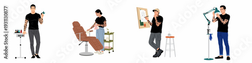 Tattoo Artists at Work: A collection of scenes showing male and female professionals engaged in various aspects of tattoo creation, studio preparation, and design.