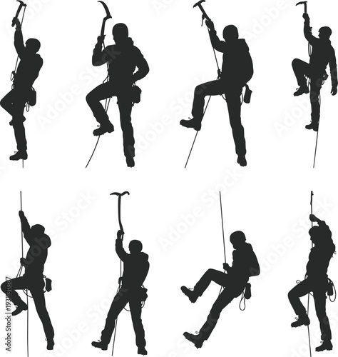 Mountain climber silhouette vector illustration set with rope, ice axe, climbing poses, adventure sports concept, extreme activity, outdoor expedition, hiking design