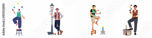 Diverse Juggling Performers Collection: Street Artists Entertaining with Colorful Balls, Skill, and Showmanship