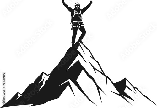 Mountain climber victory silhouette vector illustration, successful achievement concept, adventure sports motivation symbol, hiker on peak, black and white design