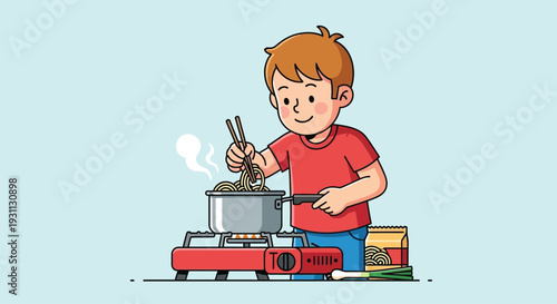 Young Boy Cooking on Portable Stove.