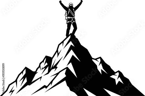 Mountaineer victory silhouette vector illustration, climber standing on mountain peak, success and achievement concept, adventure sport inspiration, black and white design