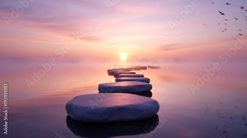 Stepping Stones Path Across Calm Water at Sunset.