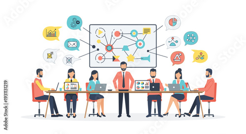 A diverse team of professionals collaborating in a modern office setting with a large screen display