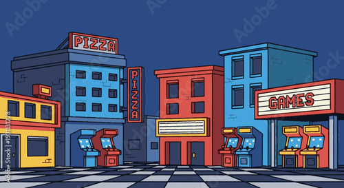 Colorful Buildings with Neon Signs Night.