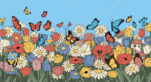 Colorful Butterflies and Flowers in Garden.