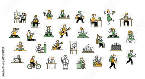 A colorful vector graphic illustration of various people engaging in leisure activities