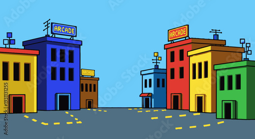 Colorful Cartoon Buildings in Row Illustration.