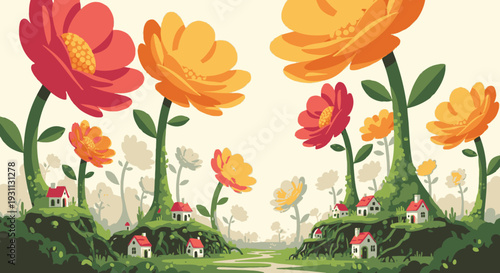 Colorful Cartoon Flowers with Tiny Houses.