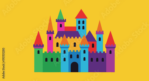 Colorful Cartoon Castle Towers and Architecture.