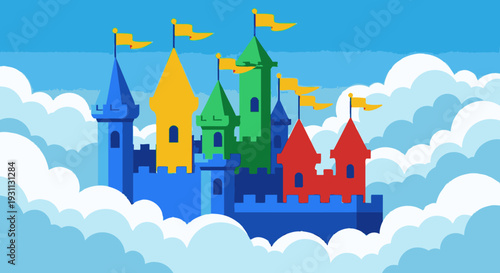 Colorful Castle Towers with Flags Above Clouds.