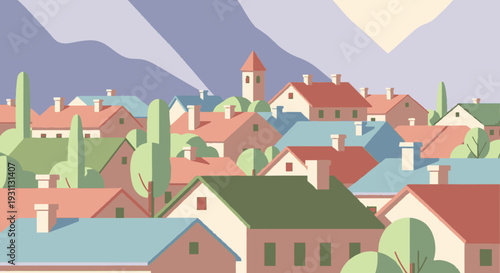 Colorful Village Scene with Church Tower.