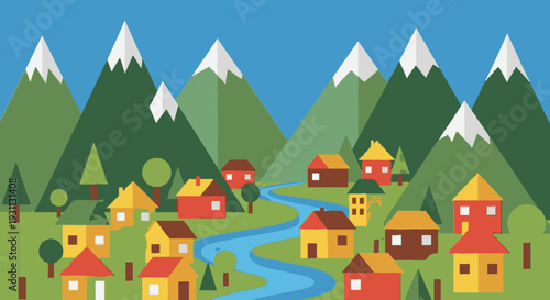 Colorful Village Illustration with Mountains and River.