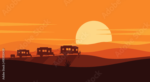 Convoy of Vehicles Traveling Through Desert Landscape.