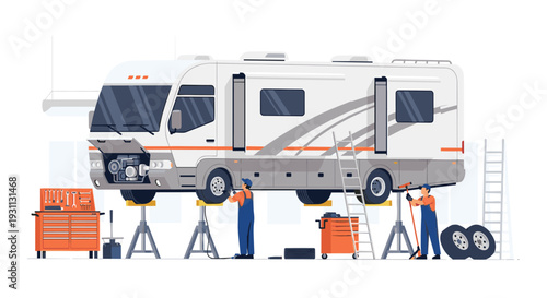A vector graphic illustration of a recreational vehicle being serviced by technicians