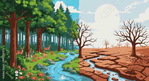 Contrasting Trees and River Landscape Scene.