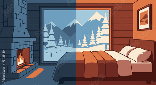 Cozy Bedroom with Fireplace and Mountain View.