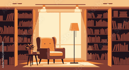 Cozy Reading Nook with Armchair and Bookshelves.