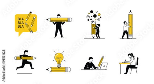 A set of creative vector icons depicting people with pencils and ideas