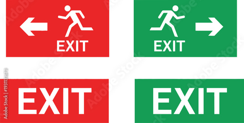 Exit Signs: Navigate to safety with clear and concise exit signs, guiding the way during emergencies. Featuring the word EXIT clearly indicated along with graphic direction to help.
