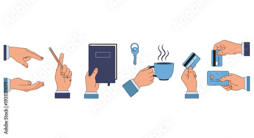 A set of hands holding various office and daily life objects in a flat vector illustration