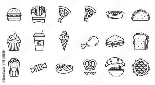 A set of various fast food icons in a minimalist line art style