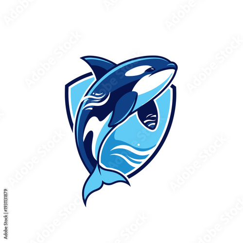 Stylized blue killer whale orca jumping inside a shield logo design