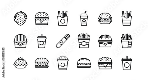 A set of minimalist fast food icons in a flat vector design