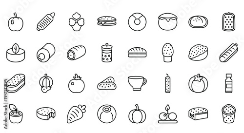 A set of various food icons in a minimalist line art style