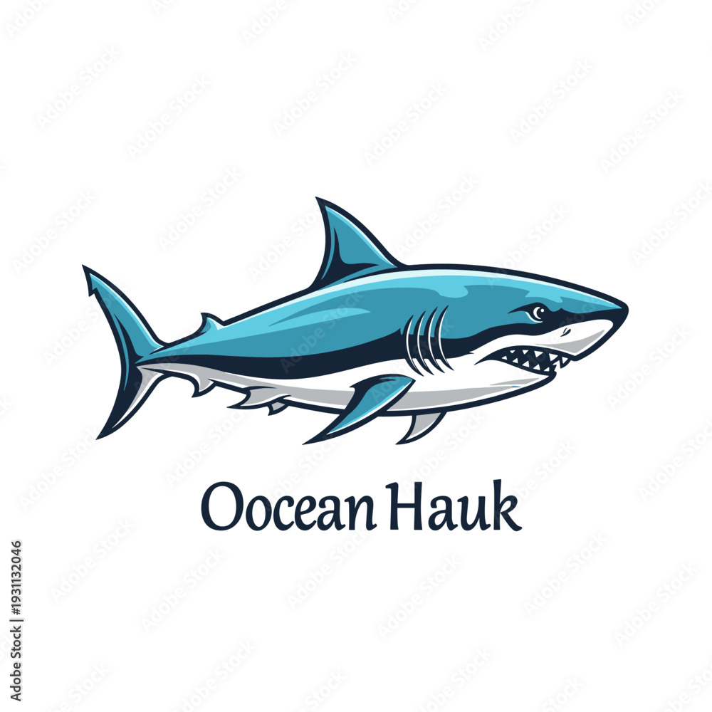 Fototapeta premium Stylized blue shark with sharp teeth emerging from the water against a light blue background