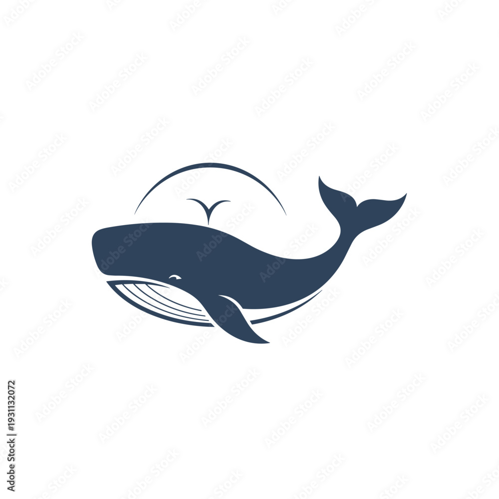 Obraz premium Stylized blue whale icon with water spout and tail